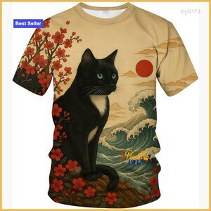 Men's Japanese Ukiyo-E Cat Graphic T-Shirt Short Sleeve Crewneck